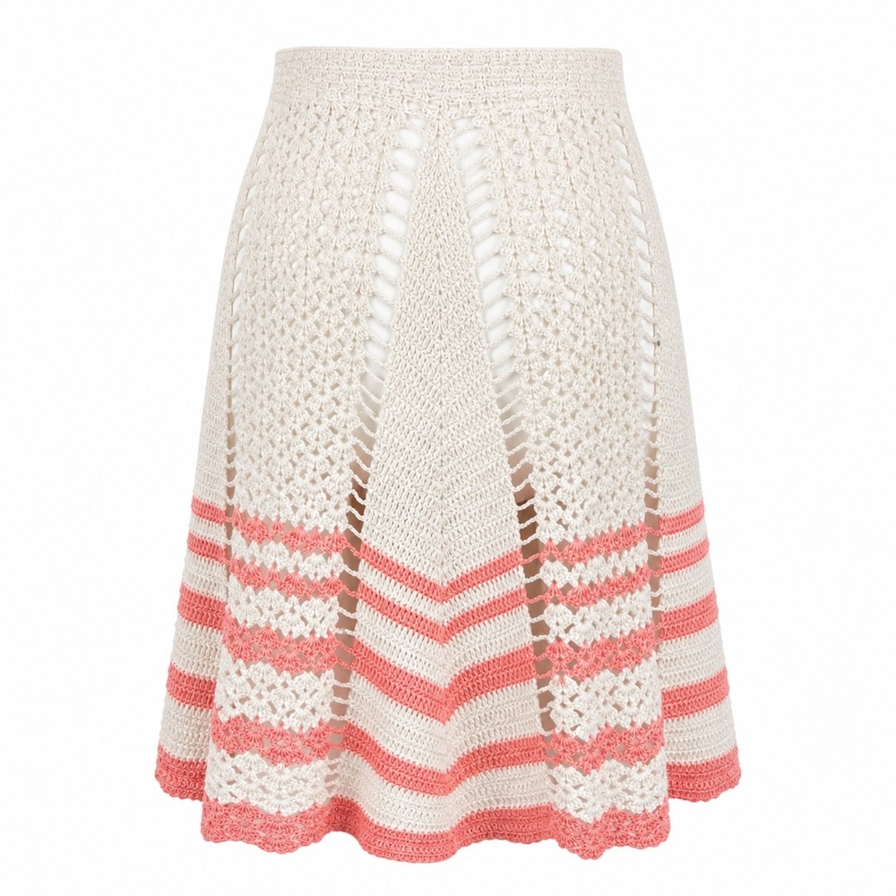 Handmade Crochet Apron OS Cotton Cottagecore Retro Boho Coral Pink Cream Striped